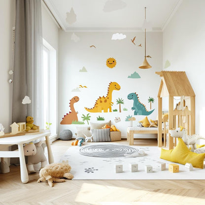 Colorful dinosaur wall decals in a kids' playroom, featuring cheerful dinosaurs and a sunny backdrop.