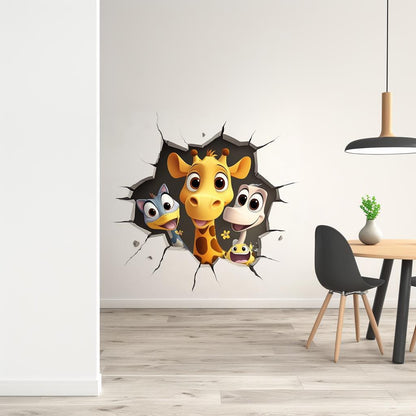 3D cartoon animal wall decal featuring a giraffe, bird, and monkey peeking through a wall in a playful kids' room.