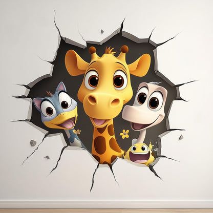 3D cartoon animal wall decal featuring a giraffe, bird, and friendly characters peeking through a cracked wall design.