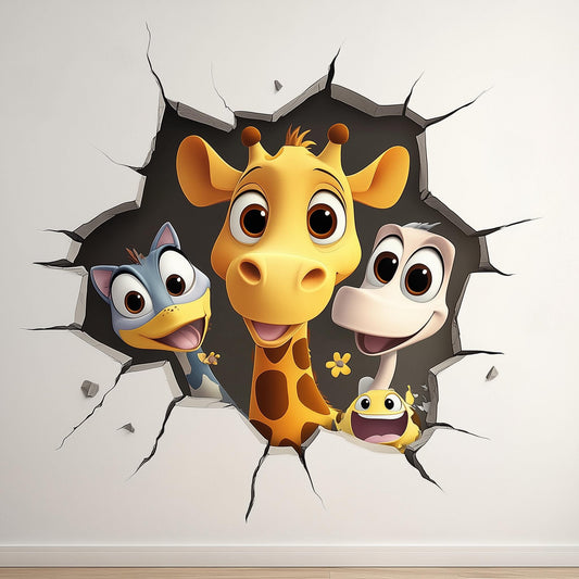 3D cartoon animal wall decal featuring a giraffe, bird, and friendly characters peeking through a cracked wall design.