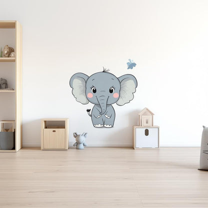 Cute elephant wall decal sticker in a nursery with a butterfly accent, perfect for kids' room decor.