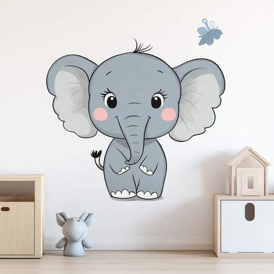 Cute cartoon elephant wall decal in a nursery setting, featuring pastel colors and a butterfly accent.