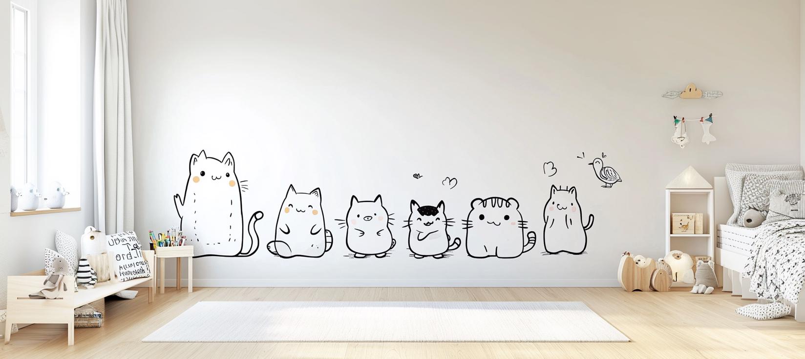 Cute cat wall decal set featuring six quirky cartoon cats in a playful kids' room decor.