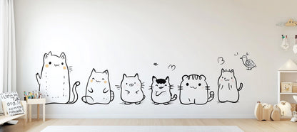 Cute cat wall decal set featuring six quirky cartoon cats for kids' room or nursery decor.