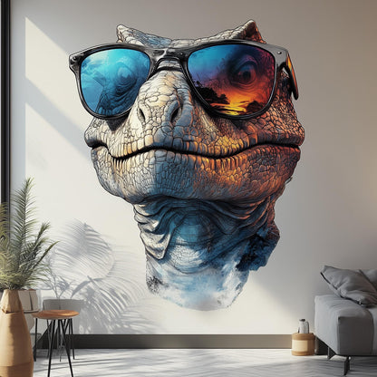 3D dinosaur wall decal featuring a raptor with sunglasses in a modern living room.