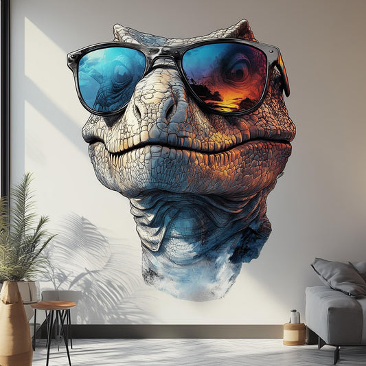 3D dinosaur wall decal featuring a raptor with sunglasses in a modern living room.