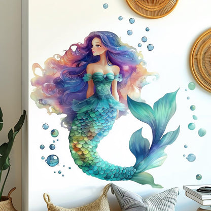 Colorful mermaid wall decal with vibrant hair, shimmering scales and ocean bubbles, perfect for girls' room decor.