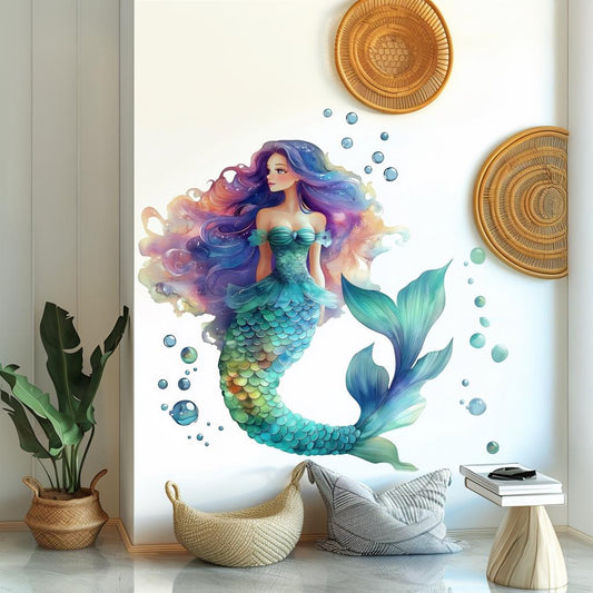 Beautiful mermaid wall decal with colorful hair and scales, perfect for kids' room decor.