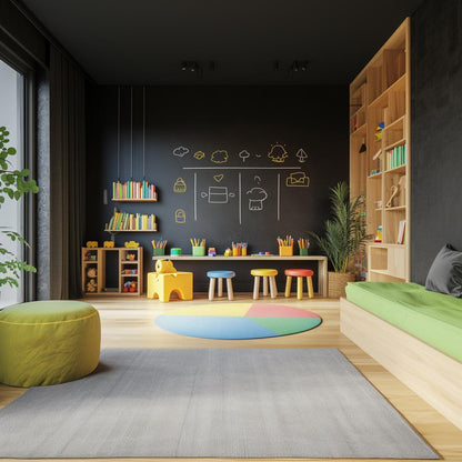 Colorful kids playroom with chalkboard wall, bright furniture, and playful decor for learning and creativity.