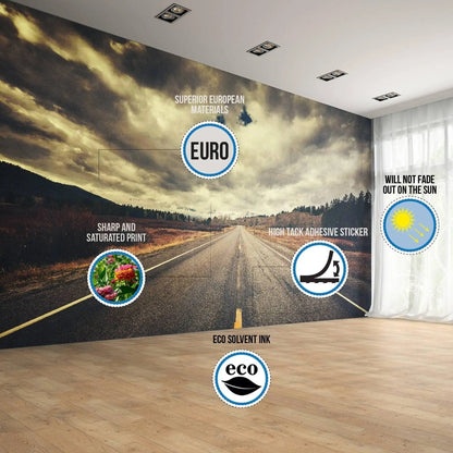 Peel and stick wall mural featuring road landscape, highlighting eco-friendly materials and vibrant print quality.