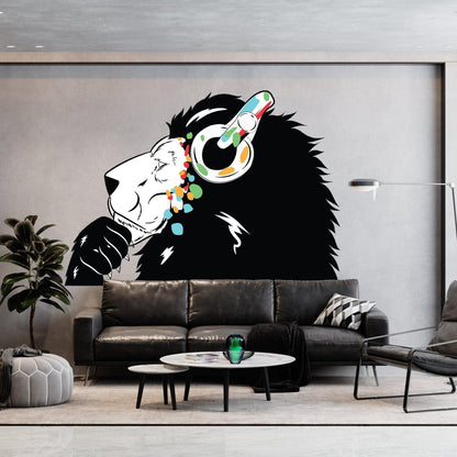 Contemporary lion DJ wall decal featuring colorful headphones on a sleek living room wall.