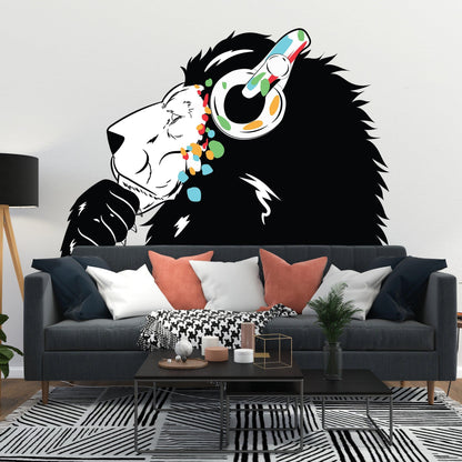 Contemporary lion DJ wall decal featuring colorful headphones, adding artistic flair to modern living space.