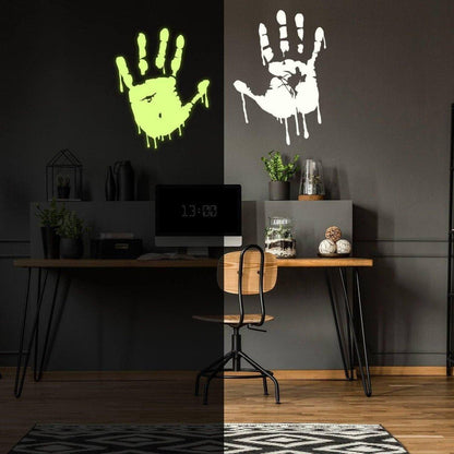 Glowing zombie blood wall decals in a stylish workspace, with a black and green handprint design.