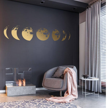 Lunar Harmony decal featuring moon phases on a dark wall, enhancing modern home decor with elegance.