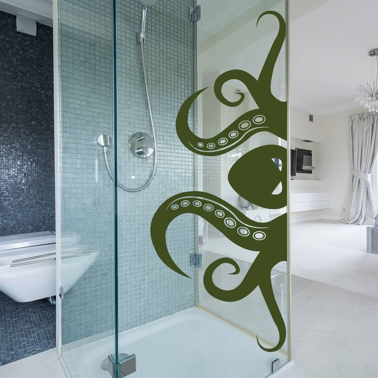Octopus tentacle wall decal sticker in a modern bathroom shower, creating an oceanic theme.