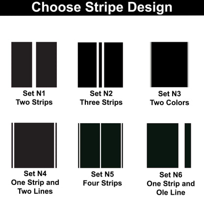 Choose from six racing stripe designs for car vinyl decals, including two, three, or four stripes options.