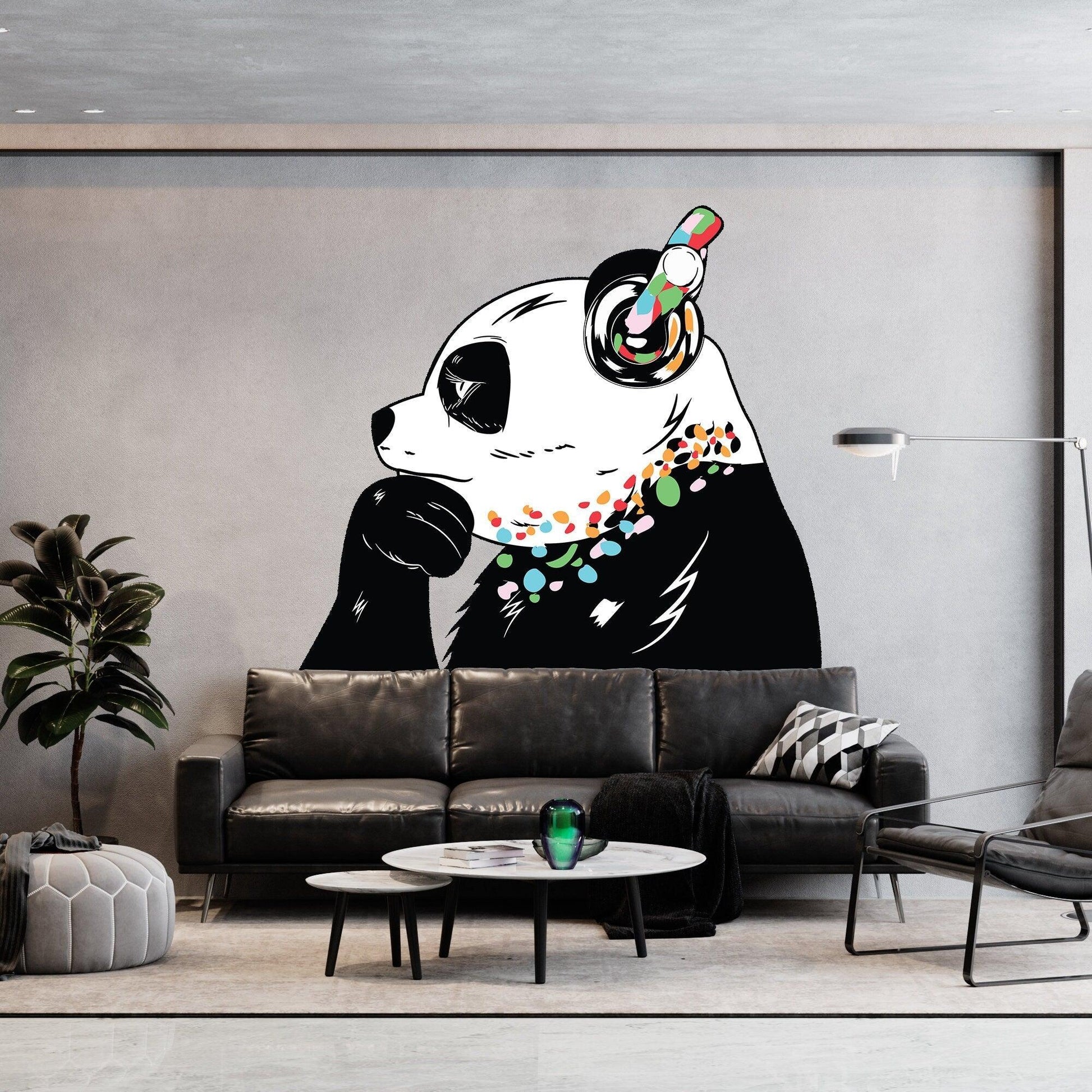 Thinking Panda wall sticker with headphones in modern living room decor, vibrant vinyl wall art for stylish spaces.