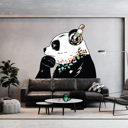 Thinking Panda wall sticker with headphones in modern living room decor, vibrant vinyl wall art for stylish spaces.